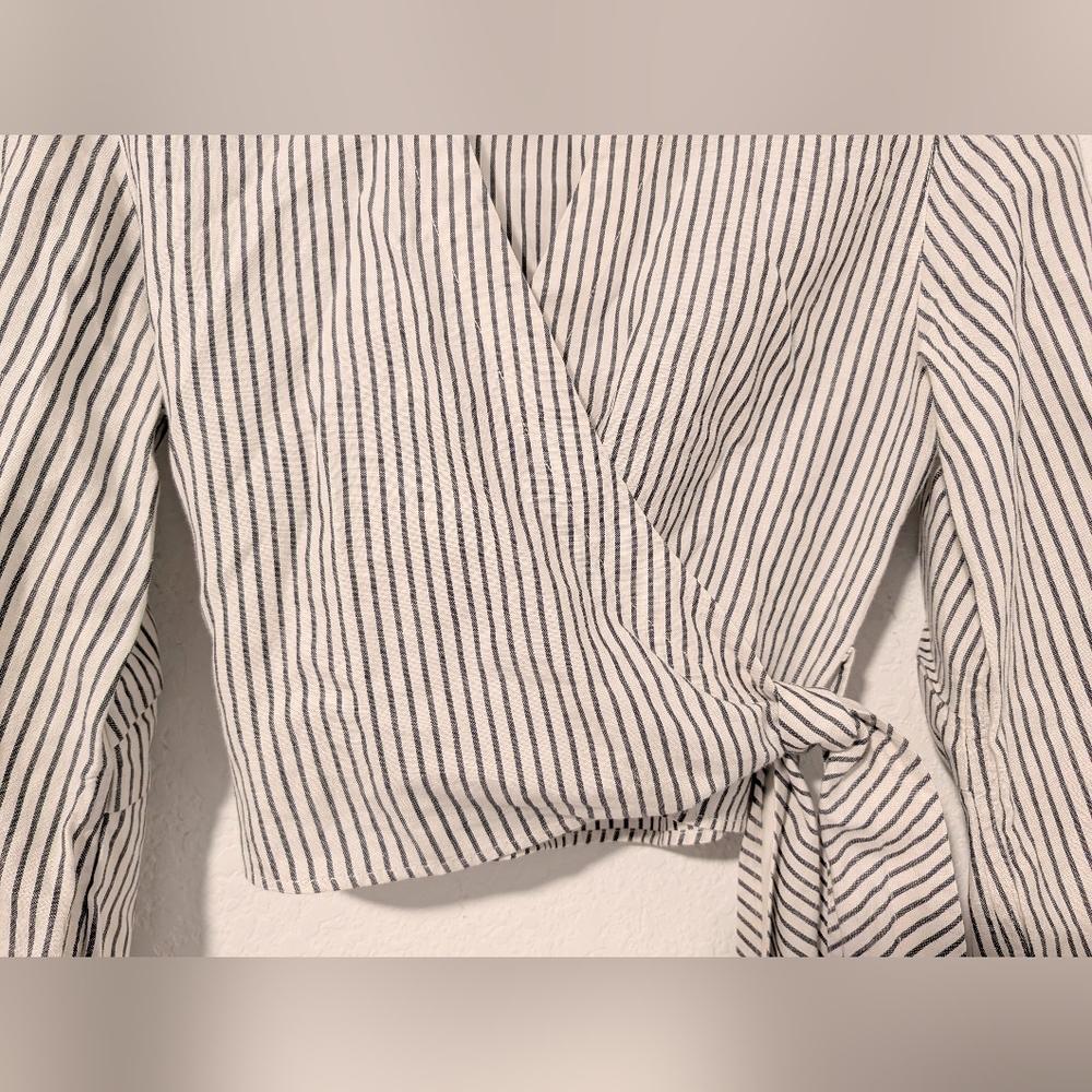 Rag & Bone Grey Striped Cotton Linen V-Neck Long Sleeve Cropped Wrap Blouse - Picture 7 of 9